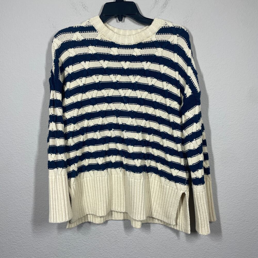 Madewell Size Small Yasmin Stripe Lattice Stitch Sweater Ecru Tan Long Sleeves - Picture 2 of 9